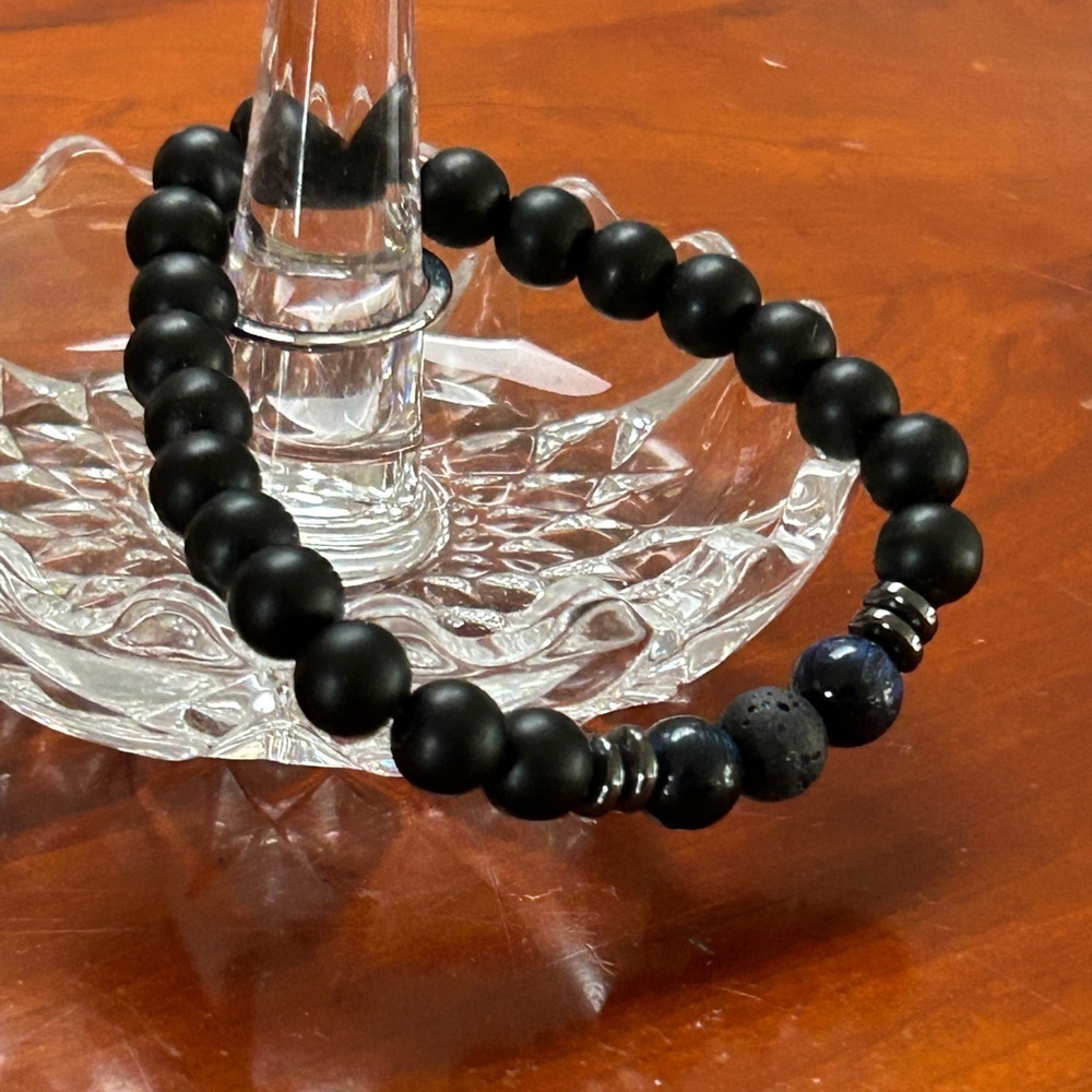 Stackable Bead Bracelet Blue Stone Bead and Black Bead Bracelet